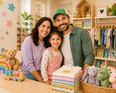 A smiling family of three standing behind a counter in a colorful children's toy and clothing boutique.