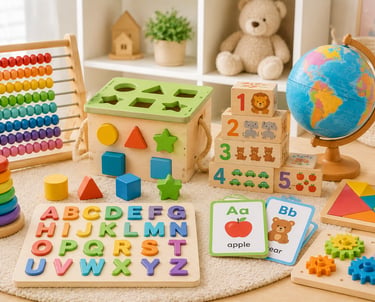 Educational wooden toys for toddlers including an alphabet puzzle, abacus, shape sorter, and globe on a playroom rug.