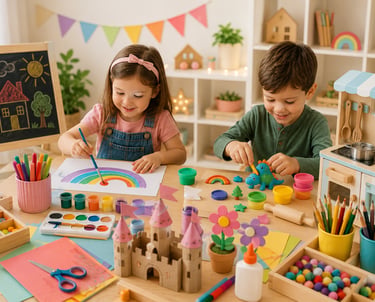 Young children enjoying creative arts and crafts activities in a bright, organized playroom.