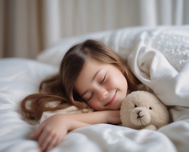 A happy child receiving a new bed.