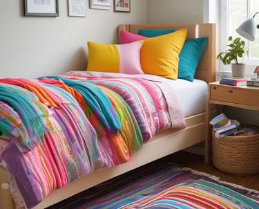 A joyful child receiving a new bed and bedding.