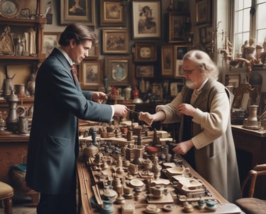 An experienced professional examining an antique wooden chair in a warmly lit workshop.