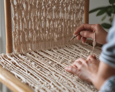 Tejido de macramé blanco en mesa de trabajo hecho a mano