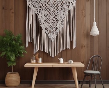 Cozy workshop setting with participants crafting macrame collars surrounded by natural elements