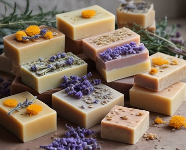 Close-up of colorful handmade herbal soaps resting on natural wood.