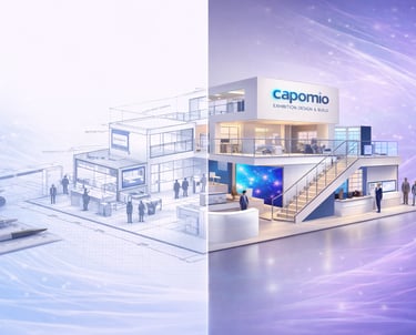 A split image showing a technical blueprint transitioning into a modern 3D exhibition stand design by Capomio.