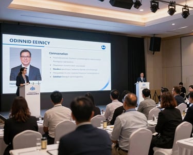 Professional business seminar presentation with a speaker at the podium and seated audience.