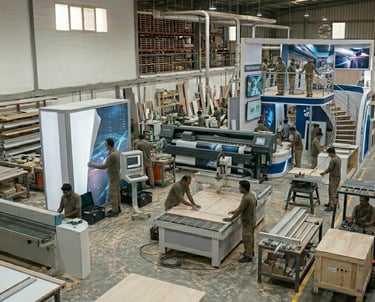Custom exhibition stand builders constructing trade show booths in a large manufacturing workshop.