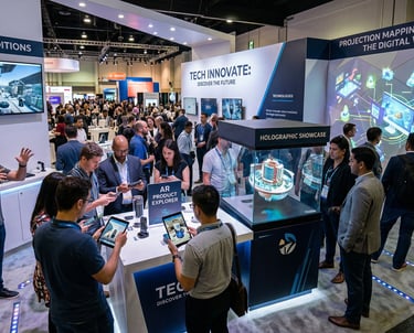 Crowded technology trade show booth featuring VR headsets, holographic displays, and AR product demos.
