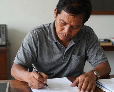 A professional signing a contract document with a pen on a wooden desk.