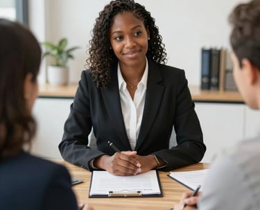 A business professional reviews a digital profile on a smartphone while signing legal documents at a desk.