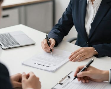 A professional notary assisting a client with loan signing paperwork in a bright office.