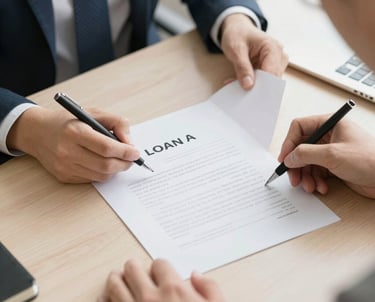 A professional loan signing agent handing over documents to a satisfied client.