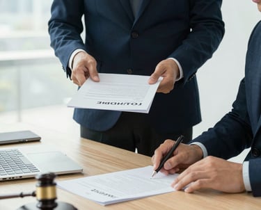 A notary professional assisting a client with loan signing documents in a bright office.