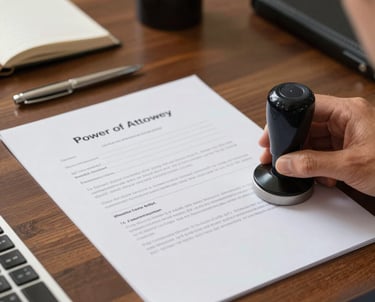 Close-up of a hand stamping a legal document with a notary seal on a polished wooden desk.
