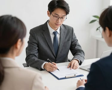 Close-up of a professional stamping a document with a notary seal on a wooden desk.