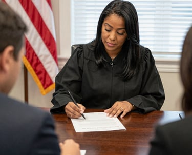 A professional notary signing agent carefully reviewing loan documents at a desk.