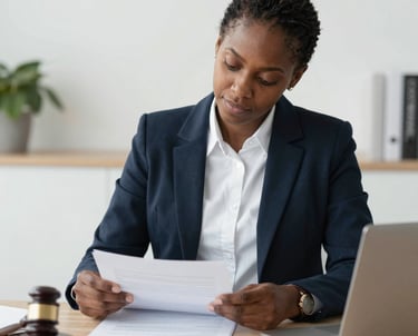 A notary professional assisting a client with loan signing documents in a bright office.