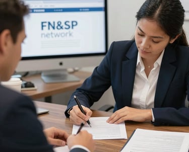 Close-up of a professional stamping a document with a notary seal on a wooden desk.