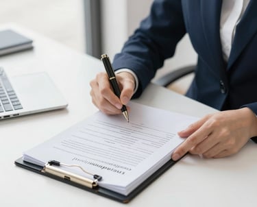 Close-up of a professional stamping a document with a notary seal on a wooden desk.