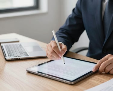 Close-up of a professional stamping a document with a notary seal on a wooden desk.