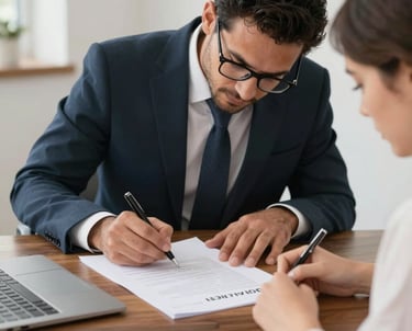 A notary professional assisting a client with loan signing documents in a bright office.