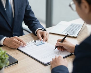 a real estate closing table • documents with keys on the table