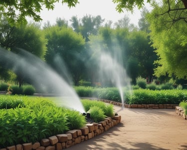 A gardener trimming neatly shaped hedges in a sunlit garden.