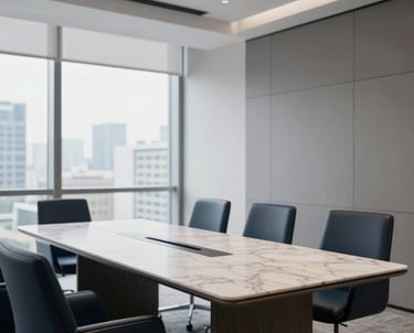 A professional lawyer reviewing financial documents with a calm and confident expression in a modern office.