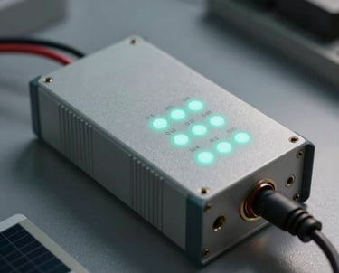 A focused shot of a solar charge controller in a modern installation, with clean wiring and indicators glowing in a soft aqua color.