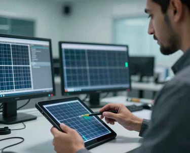 A close-up shot of an electrical engineer using a tablet to monitor solar energy flow in a modern control room. The lighting is cool with medium teal tones. Professional office environment in Yemen.