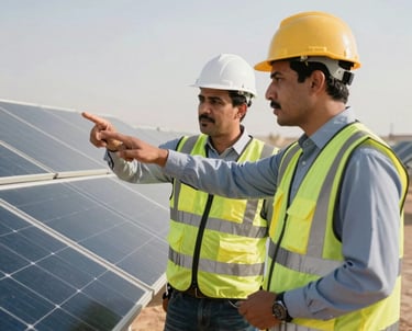 Team of two engineers in discussion outdoors at a solar project site. One is pointing towards an array of panels. Middle Eastern / Yemeni setting.