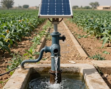 A scenic view of a solar-powered water pump system in a lush Yemeni agricultural farm, showing water flowing into irrigation channels. Middle Eastern / Yemeni setting.