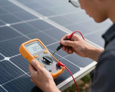 Action shot of a technician measuring current with a multimeter on an outdoor solar setup. Bright daylight, professional focus.