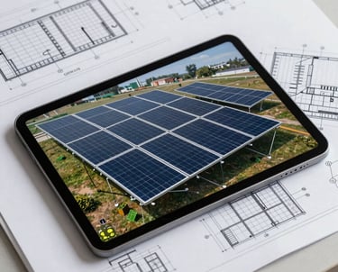 Clean, flat-lay photography of solar design blueprints and a digital tablet showing a 3D model of a solar installation. Engineering office aesthetic.