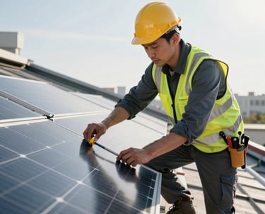 A photo of an engineer on a roof adjusting a solar panel angle under a bright sun. Professional tools and safety gear visible.