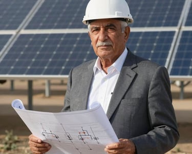 Portrait of a senior electrical engineer holding a set of blueprints, standing in front of a solar farm. Professional attire, Middle Eastern / Yemeni setting.