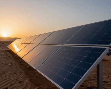 A creative shot of a row of solar panels reflecting a beautiful sunrise over a desert landscape. High contrast, professional style.