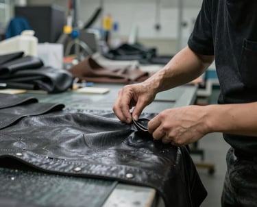 Close-up of skilled hands selecting premium leather hides in a bright workshop.