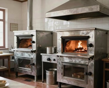 A vintage-style photograph of a traditional Spanish culinary school kitchen in Girona, with white tiles and classic steel ovens, soft natural light, Southern European historical feel.