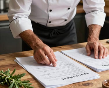 A dynamic shot of an executive chef's hands reviewing spreadsheets and kitchen plans on a wooden desk with fresh herbs nearby, bright and energetic lighting, Southern European island context.