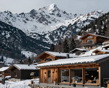 A serene landscape of the Pyrenees mountains in Andorra during winter, with modern architectural lines of a quiet studio, elegant and peaceful photography.