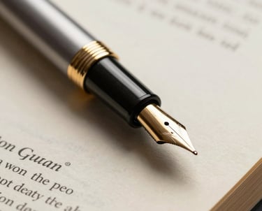 A macro shot of a fountain pen resting on a published book, with warm lighting and a sophisticated literary feel, Southern European style.