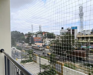 A close-up of a sturdy pigeon net installed on a balcony overlooking a busy street in Chennai.