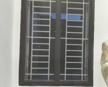 Wide shot of a balcony in Bellandur with a newly installed mosquito net, sunlight filtering through.