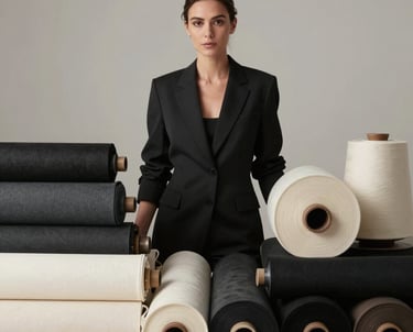 A professional studio portrait of a female professional in a minimalist setting. She is surrounded by neatly organized rolls of fabric in dark charcoal and soft cream colors.