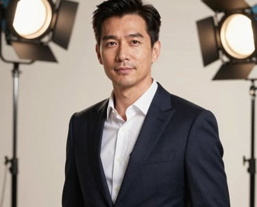 A professional studio headshot of a male sourcing expert in a sharp outfit. The background is a clean, modern studio in soft cream tones with professional lighting.
