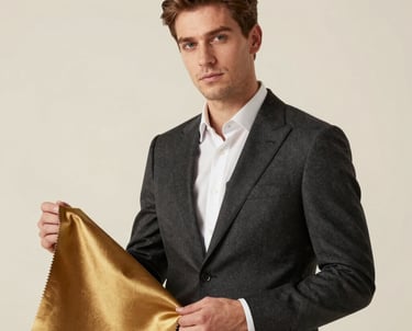 A professional studio portrait of a male designer in a dark charcoal suit against a soft cream background. He holds a swatch of deep gold fabric. Refined and modern style.