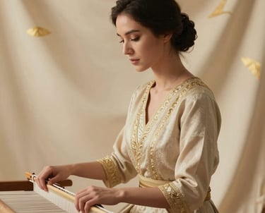A professional studio portrait of a female weaver in elegant attire. Soft, warm lighting from the side. Soft cream background with subtle deep gold fabric textures visible.