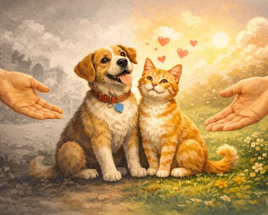 Perritos y gatitos dejando la calle y entrando a un hogar lleno de amor